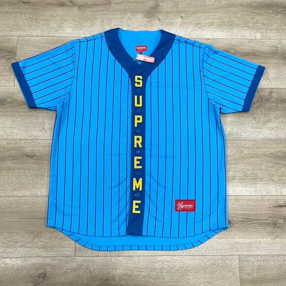 トップス 18AW Vertical Logo Baseball Jersey FW18 Supreme Vertical Logo Baseball Jersey Blue Yellow size XL